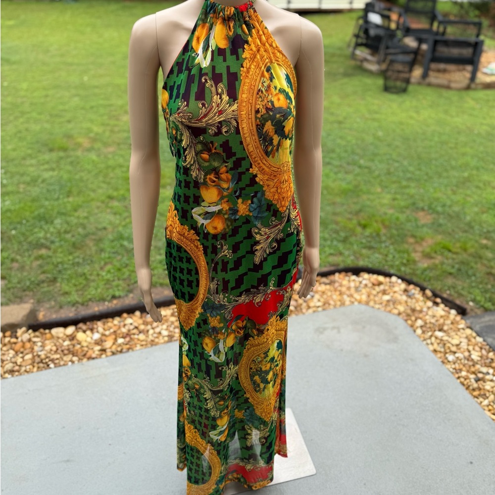 Fashion Nova Green and Gold Tie Front Maxi Dress